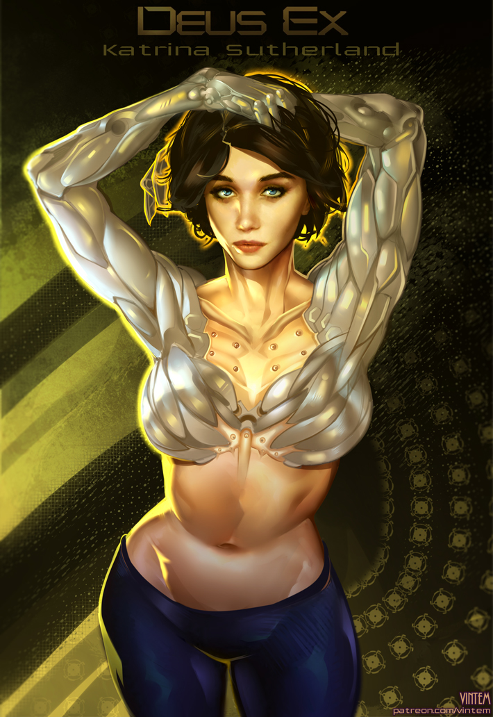 1girl, black_hair, blue_eyes, breasts, character_name, contrapposto, copyright_name, cyberpunk