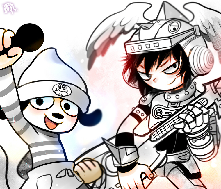 2boys, animal, beanie, commentary, crossover, dierabbit, dog, electric_guitar, furry, gitaroo_man, gitaroo_man_(character), guitar, hat, helmet, human, instrument, limited_palette, multiple_boys, parappa, parappa_the_rapper, playstation, striped, u-1_(gitaroo_man), winged_helmet