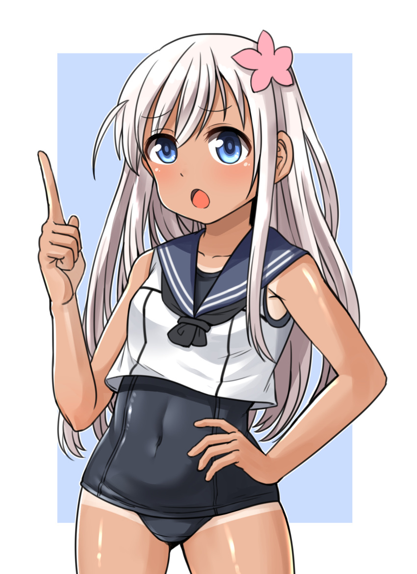 1girl, blonde_hair, blue_eyes, blue_sailor_collar, contrapposto, cowboy_shot, crop_top, flower