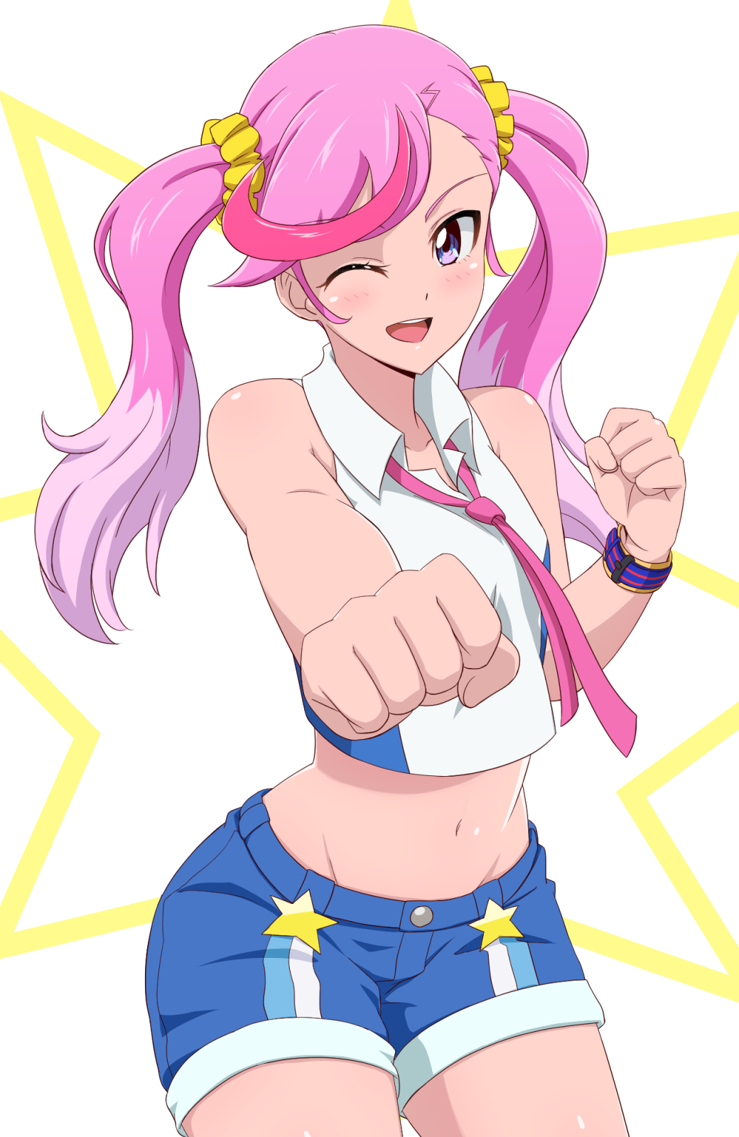 ;d, acchi_(koiyimknp), bare_shoulders, blue_shorts, clenched_hand, crop_top, digimon, digimon_universe:_appli_monsters, highres, karan_eri, midriff, multicolored_hair, one_eye_closed, open_mouth, pink_eyes, pink_hair, scrunchie, shirt, shorts, sleeveless, sleeveless_shirt, smile, star, twintails, two-tone_hair