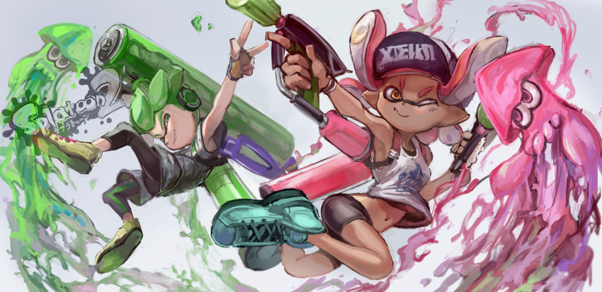 1boy, 1girl, absurdres, baseball_cap, bike_shorts, black_shorts, dark_skin, domino_mask