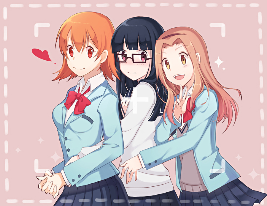 3girls, :d, bangs, black_hair, black_skirt, blue_blazer, blunt_bangs, bow