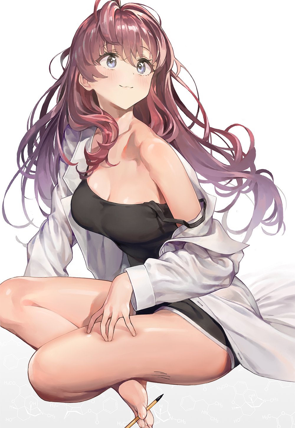 1girl, ahoge, ameyame, bangs, barefoot, black_tank_top, blue_eyes, blush, breasts, brown_hair, cleavage, coat, collarbone, commentary_request, eyebrows_visible_through_hair, eyelashes, feet, hand_on_thigh, highres, ichinose_shiki, idolmaster, idolmaster_cinderella_girls, indian_style, labcoat, legs, long_hair, looking_up, medium_breasts, off_shoulder, open_clothes, open_coat, pen, simple_background, sitting, smile, solo, tank_top, thighs, toe_hold, wavy_hair, white_background
