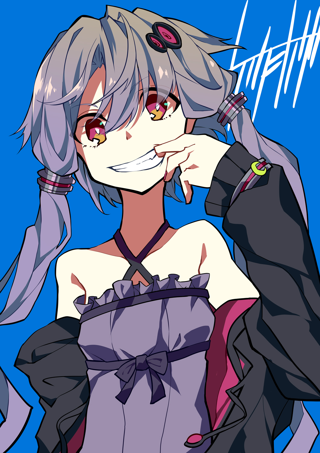 1girl, bare_shoulders, blue_background, bracelet, clothes, dress, hair_ornament, highres
