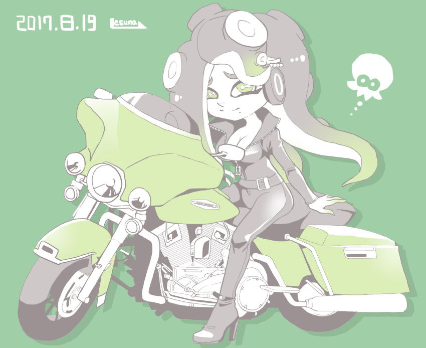 breasts, cephalopod_eyes, cleavage, domino_mask, ground_vehicle, headphones, high_heels, highres