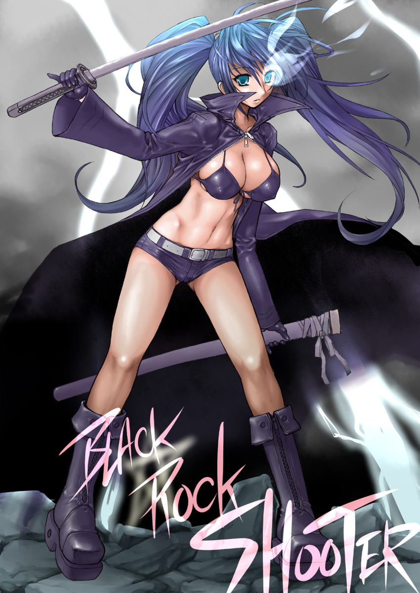 bikini_top, black_rock_shooter, black_rock_shooter_(character), blue_eyes, blue_hair, boots, breasts, cleavage