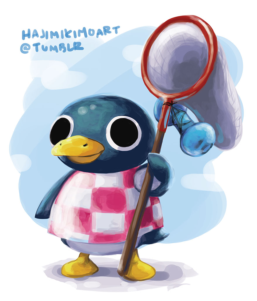 1boy, artist_name, bird, butterfly_net, doubutsu_no_mori, hand_net, penguin, penta_(doubutsu_no_mori)