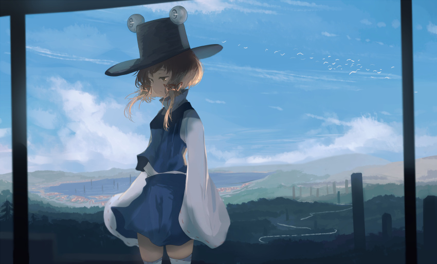 1girl, bird, blonde_hair, blue_sky, clouds, hat, high_collar, highres
