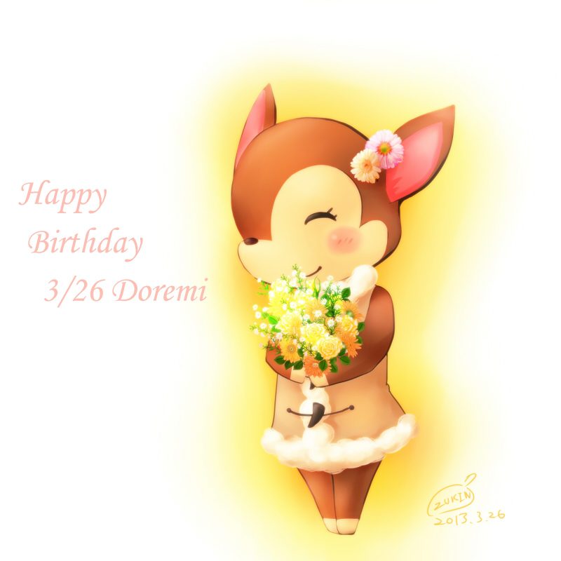 1girl, artist_name, blush, bouquet, character_name, closed_eyes, dated, deer_ears