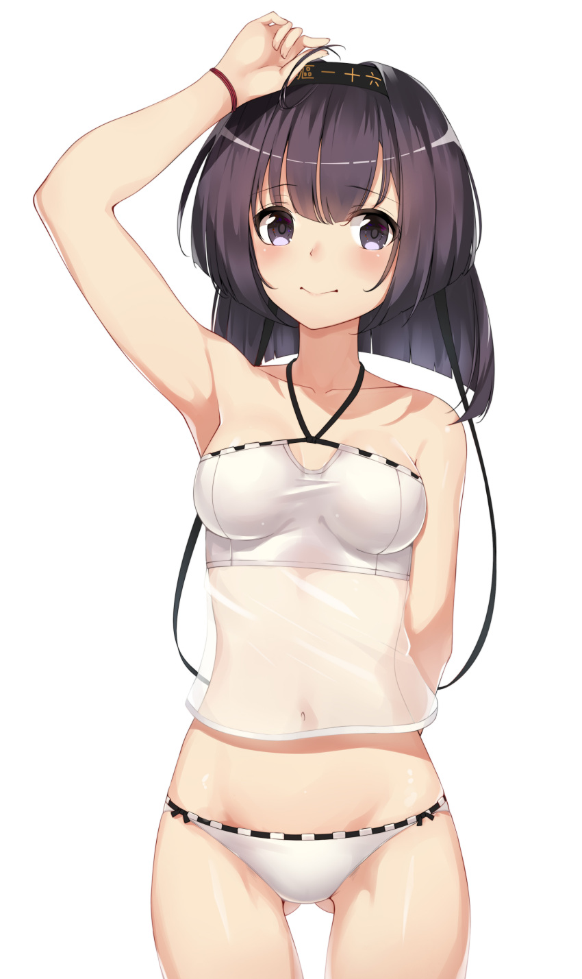 1girl, absurdres, ahoge, akizuki_(kantai_collection), arm_behind_back, arm_up, armpits, bad_id