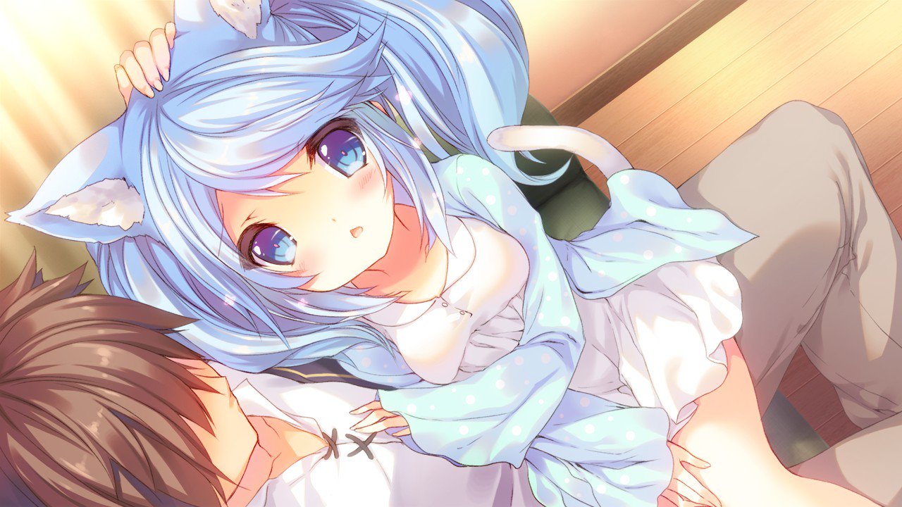 1boy, 1girl, animal_ears, blue_eyes, blue_hair, blue_shirt, blush, brown_hair