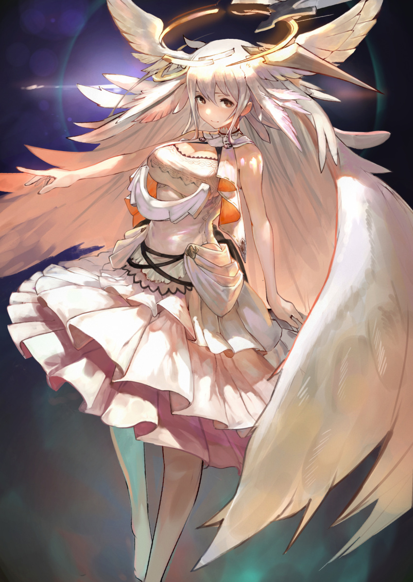 1girl, angel, angel_wings, bangs, bare_shoulders, breasts, brown_eyes, cleavage