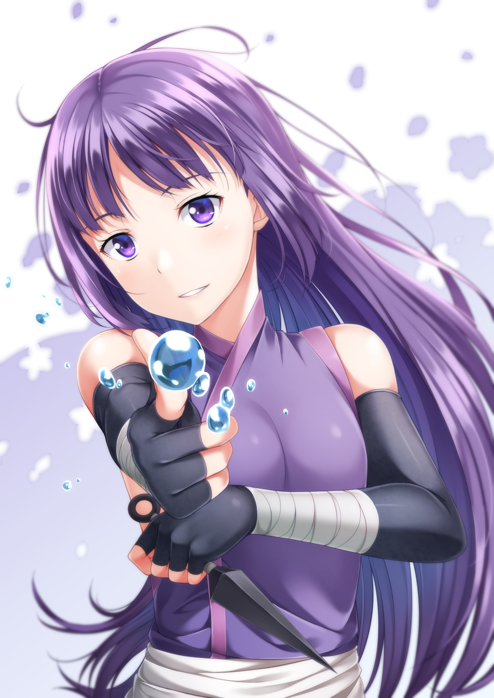 1girl, alternate_costume, boruto:_naruto_next_generations, fingerless_gloves, gloves, highres, kakei_sumire, kunai, long_hair, looking_at_viewer, naruto, parted_lips, pointing, pointing_at_viewer, purple_hair, smile, solo, upper_body, violet_eyes, water, weapon, wrist_wraps, yuuri_nayuta