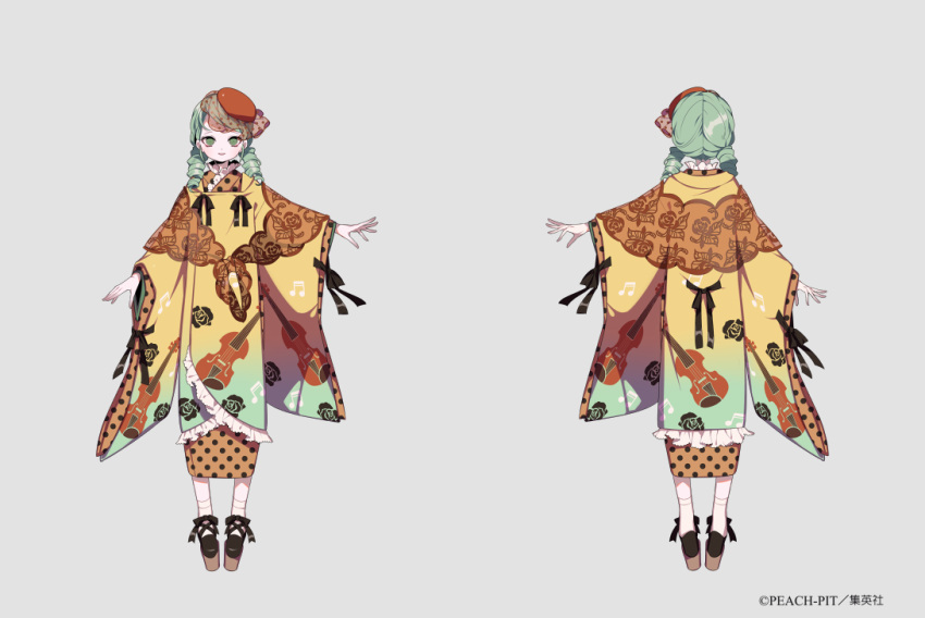 1girl, bangs, black_footwear, brown_hat, closed_mouth, drill_hair, floral_print, flower, frills, full_body, furisode, green_eyes, green_hair, grey_background, hat, japanese_clothes, kanaria, kimono, long_sleeves, looking_at_viewer, multiple_views, outstretched_arm, platform_footwear, polka_dot, polka_dot_kimono, rose, rozen_maiden, shikimi_(yurakuru), simple_background, smile, socks, standing, swept_bangs, twin_drills, violin_print, watermark, white_legwear