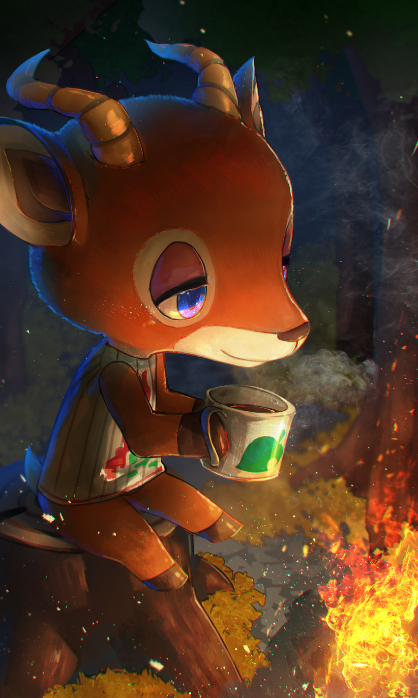 1boy, blue_eyes, coffee, deer_ears, deer_tail, doubutsu_no_mori, fire, highres, horns, kashu_(hizake), leaf, peter_(doubutsu_no_mori), sitting, smoke, solo, sparkle, tree