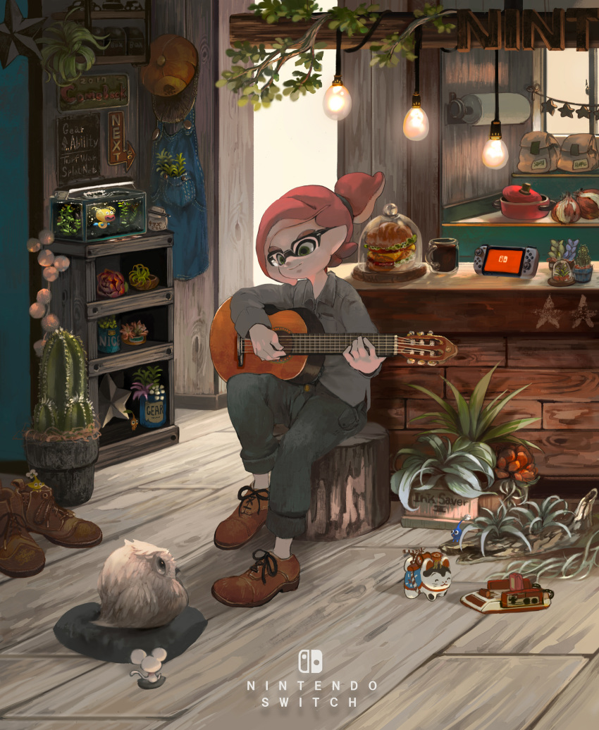 1boy, bag, bird, boots, cabinet, cactus, cup, domino_mask