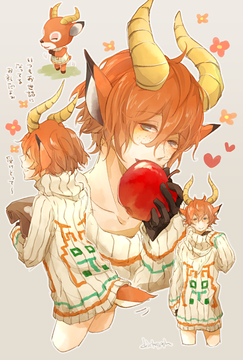 1boy, apple, back, bag, blue_eyes, blush, closed_eyes, deer_ears