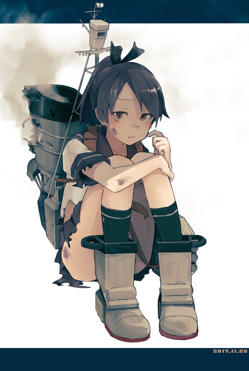 1girl, air_kon, boots, brown_eyes, brown_hair, brown_skirt, dated, hair_ribbon