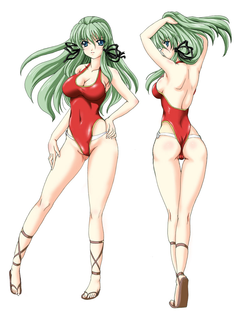blue_eyes, breasts, cleavage, fuchi, green_hair, highleg, highleg_swimsuit, kagashima_itsuki