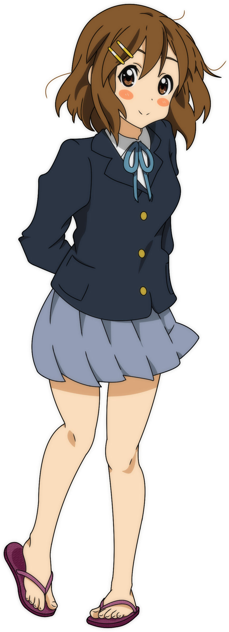 1girl, arms_behind_back, bare_legs, blazer, blush_stickers, brown_eyes, brown_hair, flip-flops