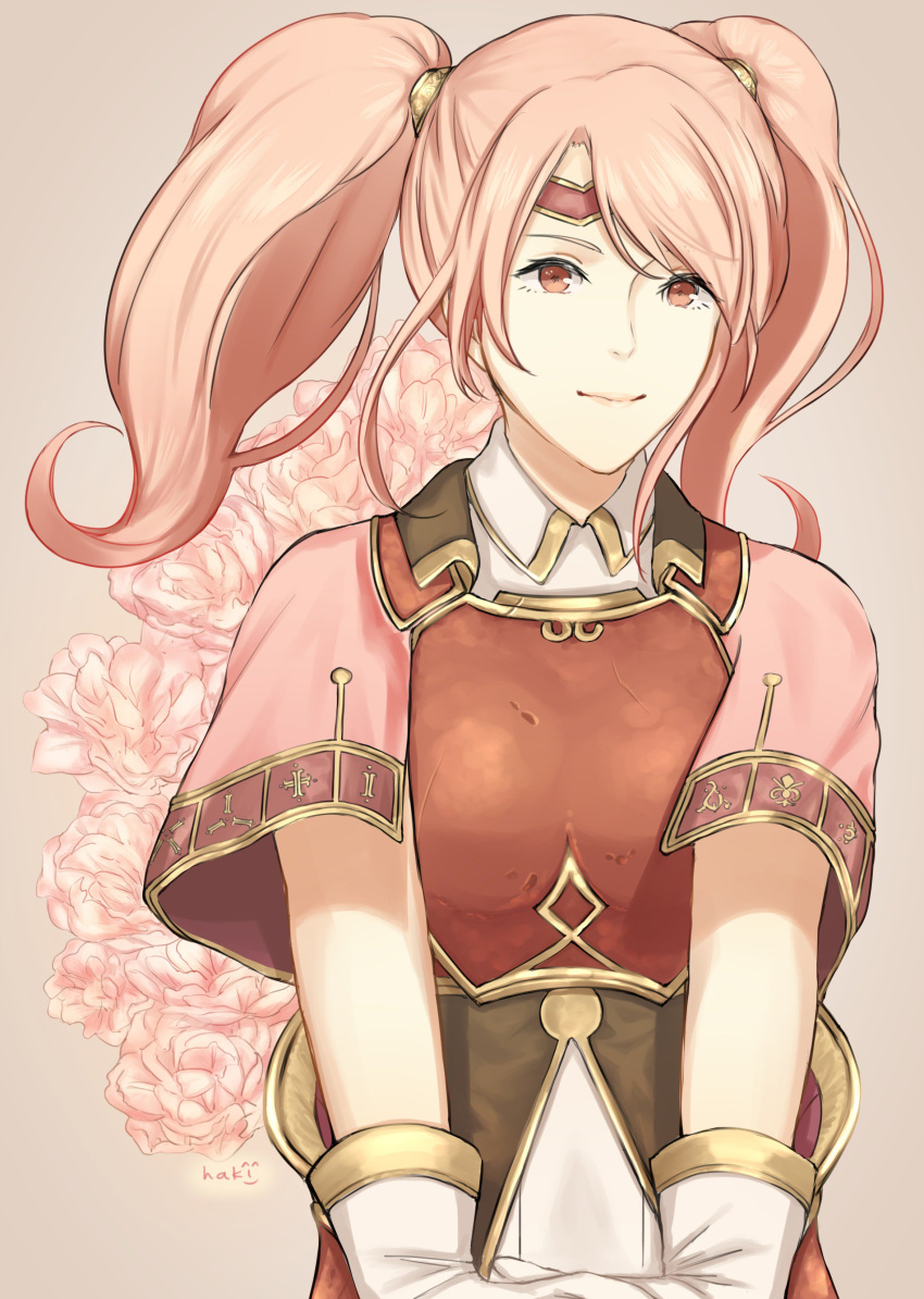 1girl, absurdres, armor, blush, breastplate, cape, circlet, fire_emblem, fire_emblem_echoes:_mou_hitori_no_eiyuuou, hakirino, highres, long_hair, looking_at_viewer, mae_(fire_emblem), pink_hair, red_eyes, simple_background, smile, solo, twintails