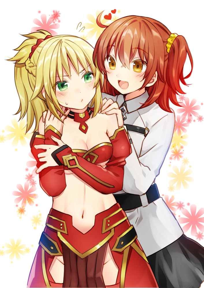 2girls, :d, ahoge, bangs, bare_shoulders, black_skirt, blonde_hair, blush