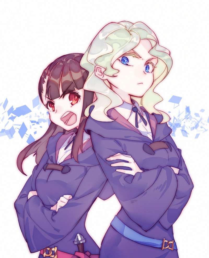 2girls, back-to-back, blonde_hair, blue_eyes, brown_hair, commentary_request, crossed_arms, diana_cavendish
