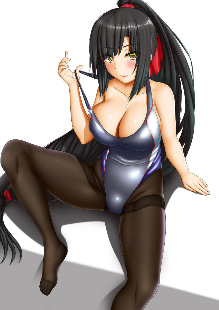 1girl, :p, abukobato, arm_at_side, bare_arms, bare_shoulders, black_hair, black_legwear