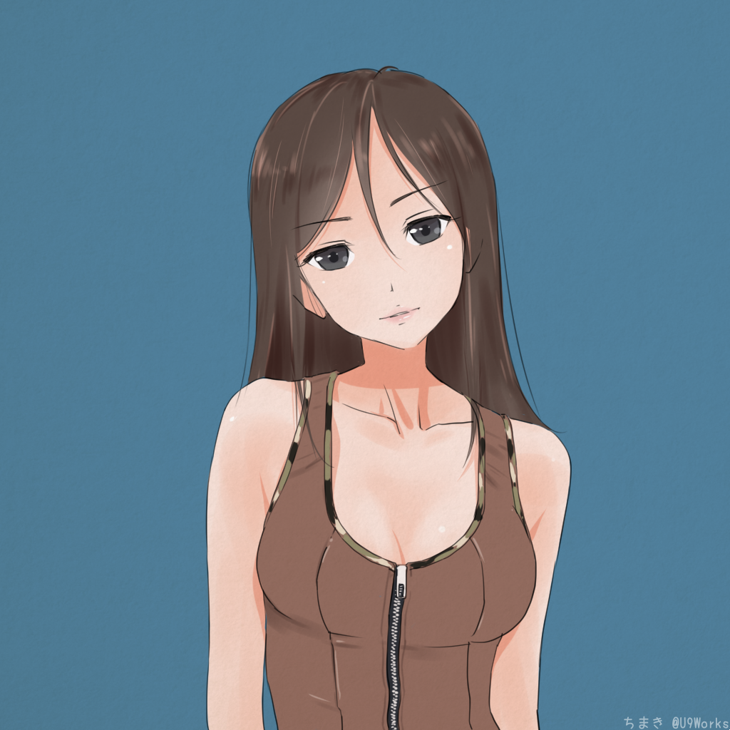 1girl, artist_name, black_eyes, blue_background, breasts, brown_hair, character_request, chimaki_(u9works)