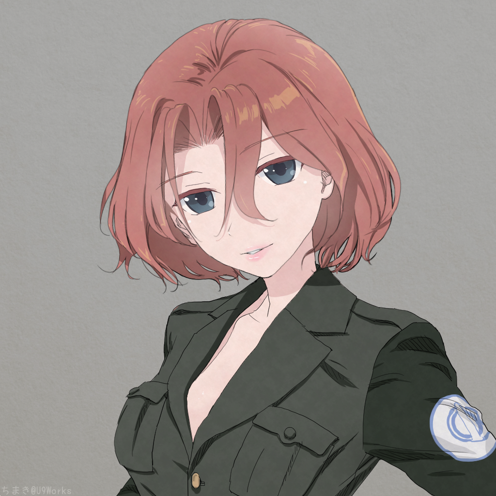 artist_name, azumi_(girls_und_panzer), blue_eyes, chimaki_(u9works), colored_eyelashes, emblem, eyebrows_visible_through_hair, girls_und_panzer
