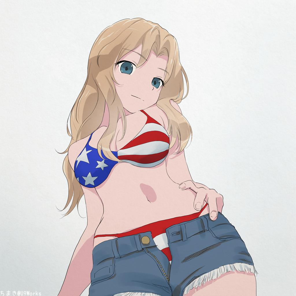 1girl, american_flag_bikini, artist_name, bikini, blonde_hair, blue_eyes, breasts, chimaki_(u9works)