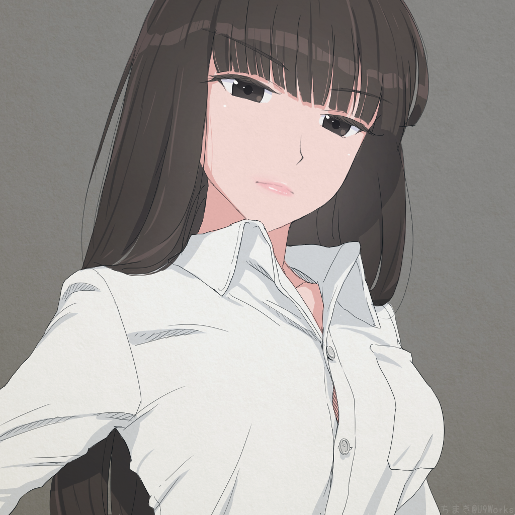 1girl, artist_name, bangs, blunt_bangs, brown_eyes, brown_hair, chimaki_(u9works), dress_shirt