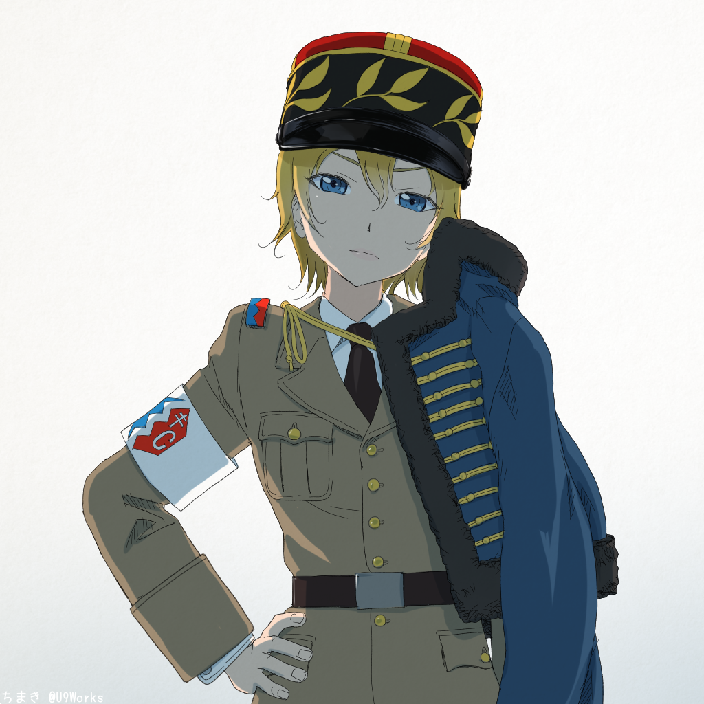 armband, artist_name, asparagus_(girls_und_panzer), bc_freedom_(emblem), bc_freedom_military_uniform, belt, blonde_hair, blue_eyes
