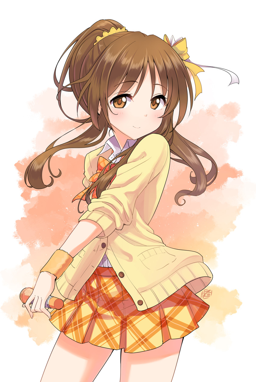 1girl, arm_behind_back, bangs, blush, bow, brown_eyes, brown_hair, buttons