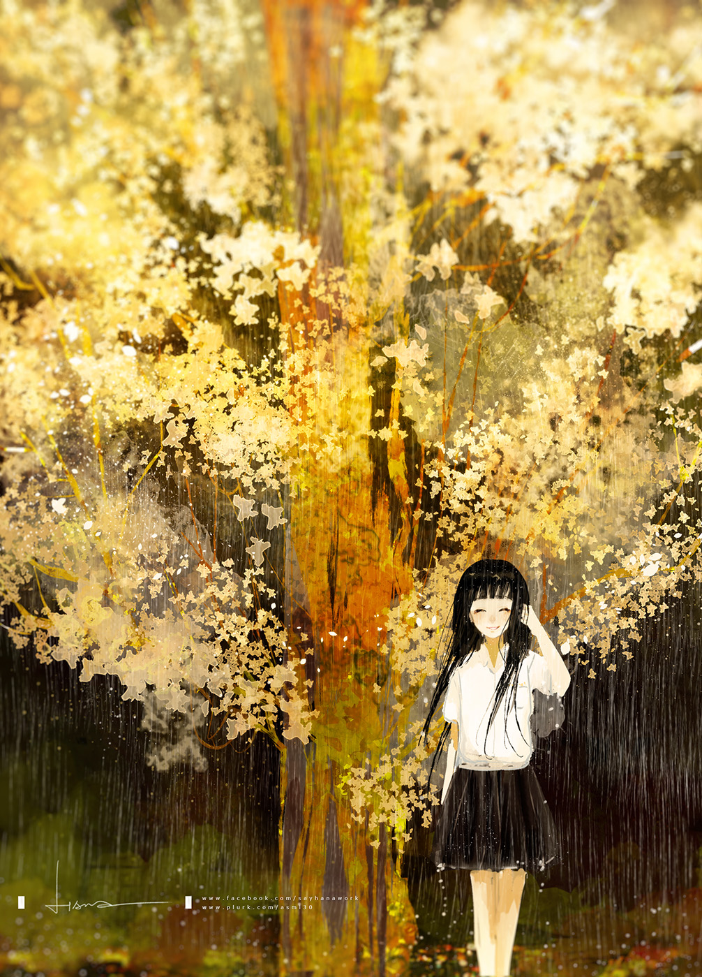 1girl, arm_at_side, arm_up, artist_name, bangs, black_hair, black_skirt, closed_eyes