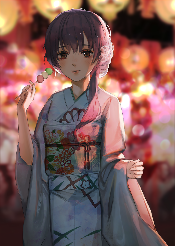 1girl, blue_kimono, brown_eyes, brown_hair, closed_mouth, festival, floral_print, flower