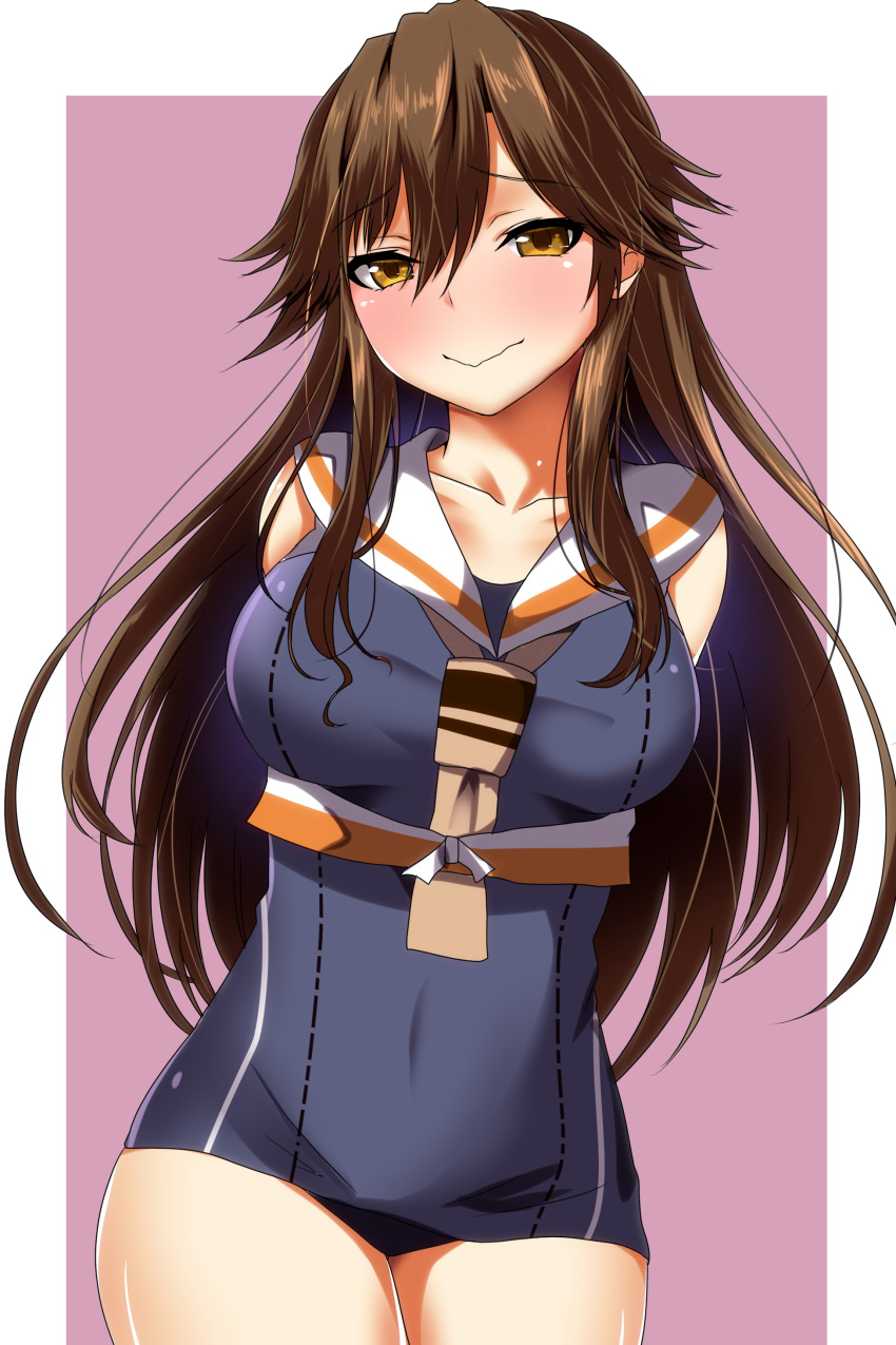 1girl, absurdres, alternate_costume, ar_(lover_boy), arashio_(kantai_collection), blue_swimsuit, breasts, brown_hair, cosplay, crop_top, framed_breasts, highres, i-13_(kantai_collection), i-13_(kantai_collection)_(cosplay), kantai_collection, long_hair, medium_breasts, multicolored, multicolored_background, one-piece_swimsuit, pink_background, sailor_collar, school_swimsuit, swimsuit, swimsuit_under_clothes, wavy_mouth, white_background, yellow_eyes