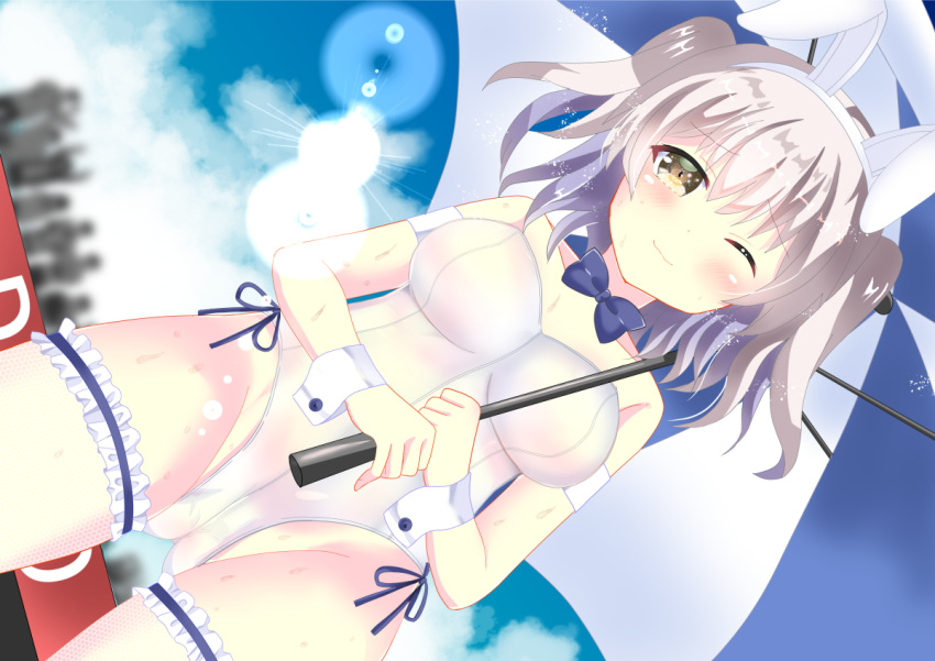 1girl, animal_ears, bare_shoulders, bow, bowtie, breasts, bunnysuit, detached_collar, fishnet_legwear, fishnets, gluteal_fold, kantai_collection, kashima_(kantai_collection), large_breasts, leotard, one_eye_closed, parasol, potato0805, rabbit_ears, silver_hair, strapless, strapless_leotard, sunlight, thigh-highs, umbrella, wavy_hair, white_leotard, wrist_cuffs, yellow_eyes