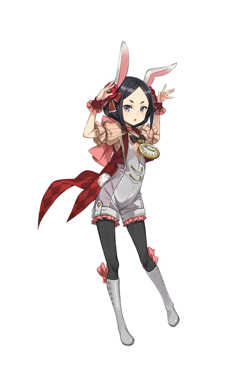 1girl, alice_in_wonderland, black_bow, black_eyes, black_hair, black_legwear, boots, bow, chestnut_mouth, cosplay, eyebrows, flower, forehead, full_body, hair_flower, hair_ornament, hands_up, highres, knee_boots, looking_at_viewer, official_art, pantyhose, princess_principal, princess_principal_game_of_mission, puffy_short_sleeves, puffy_sleeves, short_hair, short_sleeves, solo, standing, stopwatch, toudou_chise, transparent_background, vest, waistcoat, watch, white_footwear, white_rabbit, white_rabbit_(cosplay), wrist_cuffs