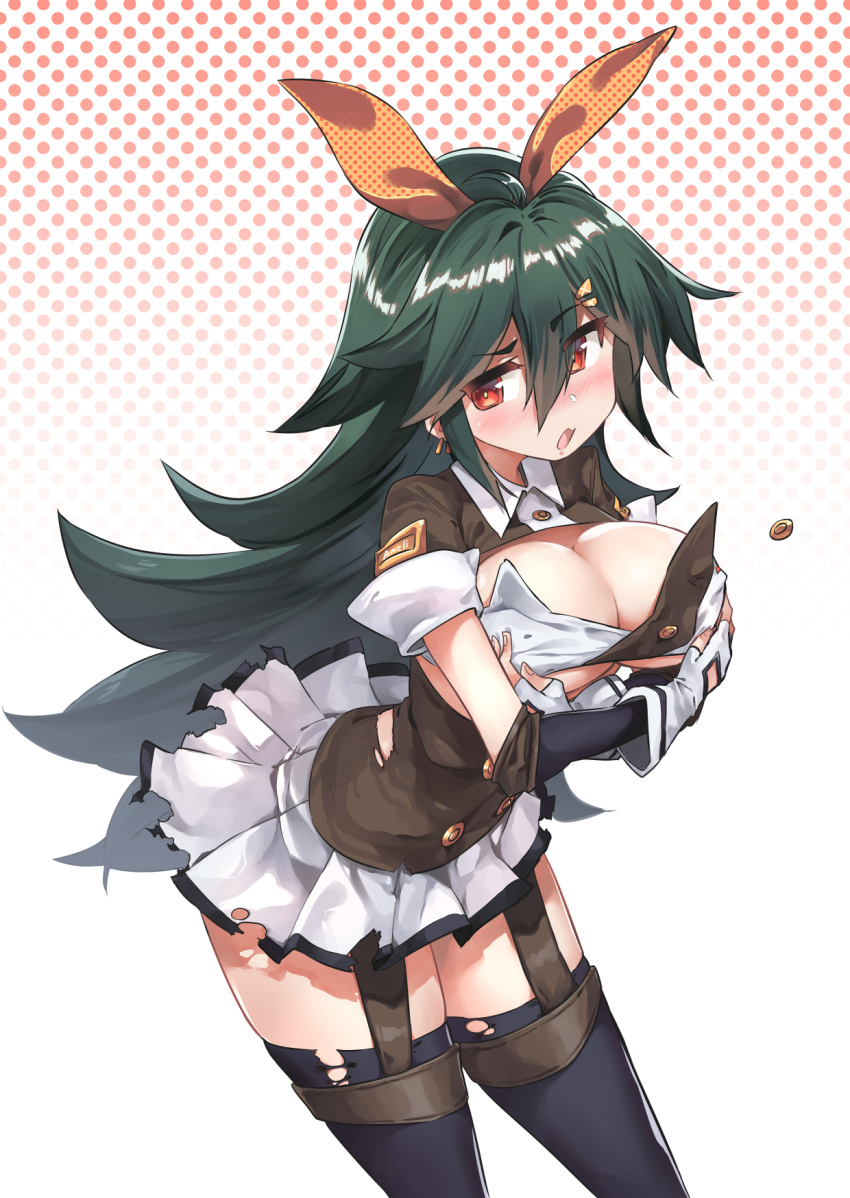 1girl, ahoge, black_legwear, blush, breasts, cetme_ameli_(girls_frontline), covering, covering_breasts
