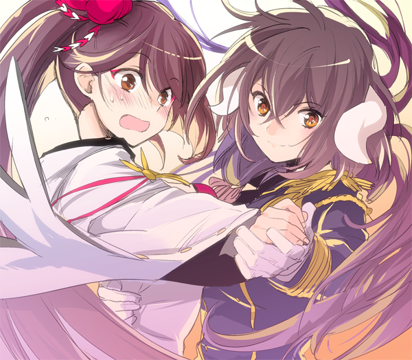 2girls, aiguillette, azur_lane, bangs, black_hair, blush, breasts, brown_eyes, brown_hair, buttons, closed_mouth, commentary_request, dancing, dress, epaulettes, eyebrows_visible_through_hair, facial_mark, gloves, hair_between_eyes, hair_ornament, hand_holding, hand_on_another's_back, horns, japanese_clothes, kimono, long_hair, long_sleeves, mikasa_(azur_lane), military, military_uniform, multiple_girls, open_mouth, ponytail, ribbon, smile, sweat, sweatdrop, tsumami_kanzashi, tydk, uniform, upper_body, very_long_hair, wavy_mouth, white_gloves, wide_sleeves, zuikaku_(azur_lane)