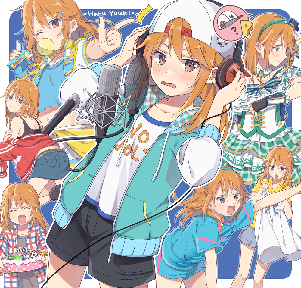 /\/\/\, 1girl, :d, :o, ?, adjusting_headphones, aqua_jacket, arm_support