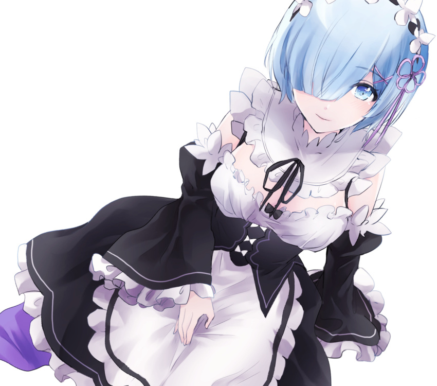 1girl, apron, arm_support, blue_eyes, blue_hair, bow, breasts, cleavage