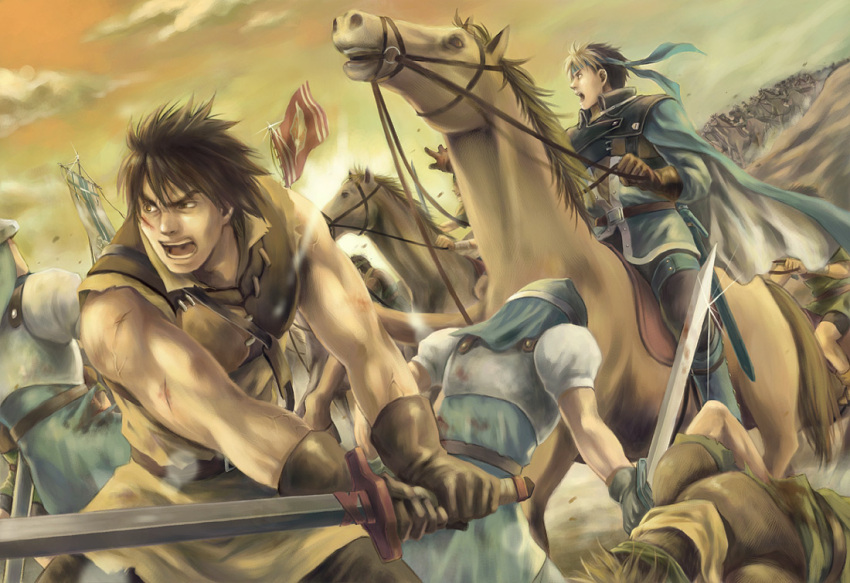 battle, flik, gensou_suikoden, gensou_suikoden_i, gensou_suikoden_ii, helmet, horse, male