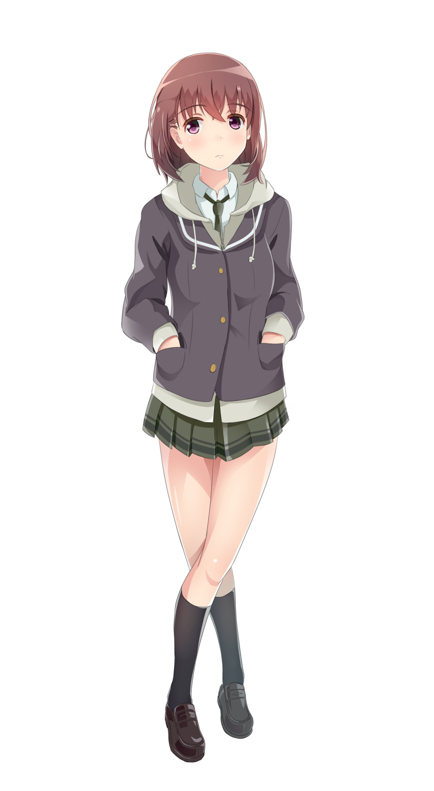 1girl, absurdres, black_footwear, black_legwear, black_neckwear, brown_hair, full_body, green_skirt