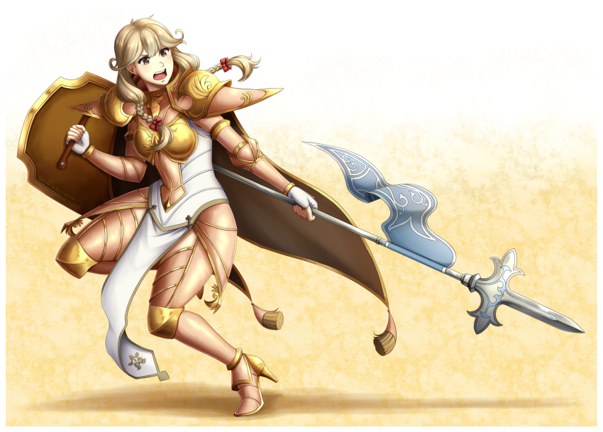 >:o, 1girl, adricarra, armor, armored_boots, blonde_hair, boots, braid