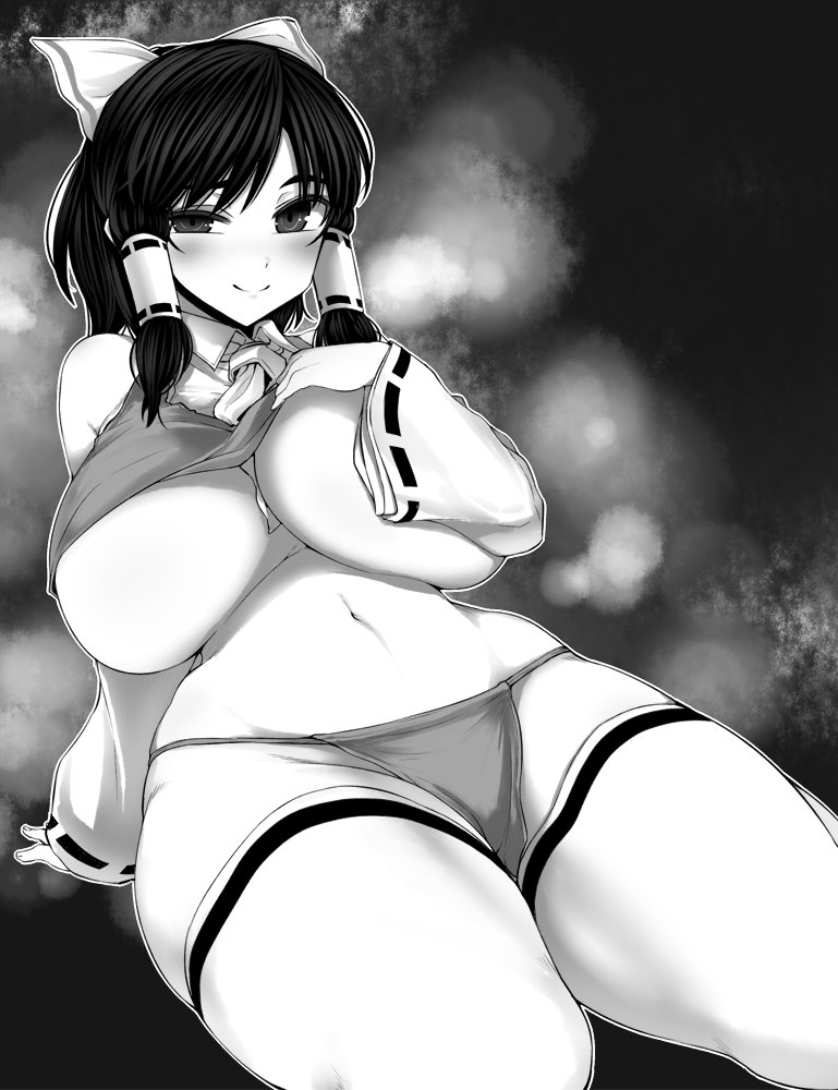 1girl, ascot, blush, bow, breasts, curvy, detached_sleeves, fundoshi, ginku_mh, greyscale, hair_bow, hair_tubes, hakurei_reimu, hand_on_own_chest, huge_breasts, japanese_clothes, looking_at_viewer, monochrome, navel, raised_eyebrow, shirt_lift, short_hair, sitting, smile, solo, thick_eyebrows, thick_thighs, thigh-highs, thighs, touhou, wide_hips