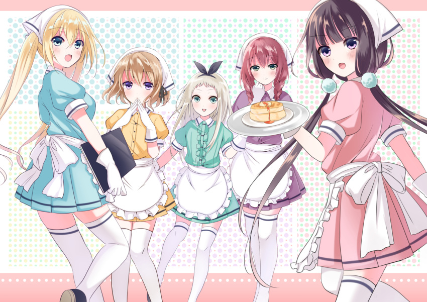 1boy, 4girls, :d, amano_miu, aqua_eyes, aqua_skirt, black_eyes, black_hair