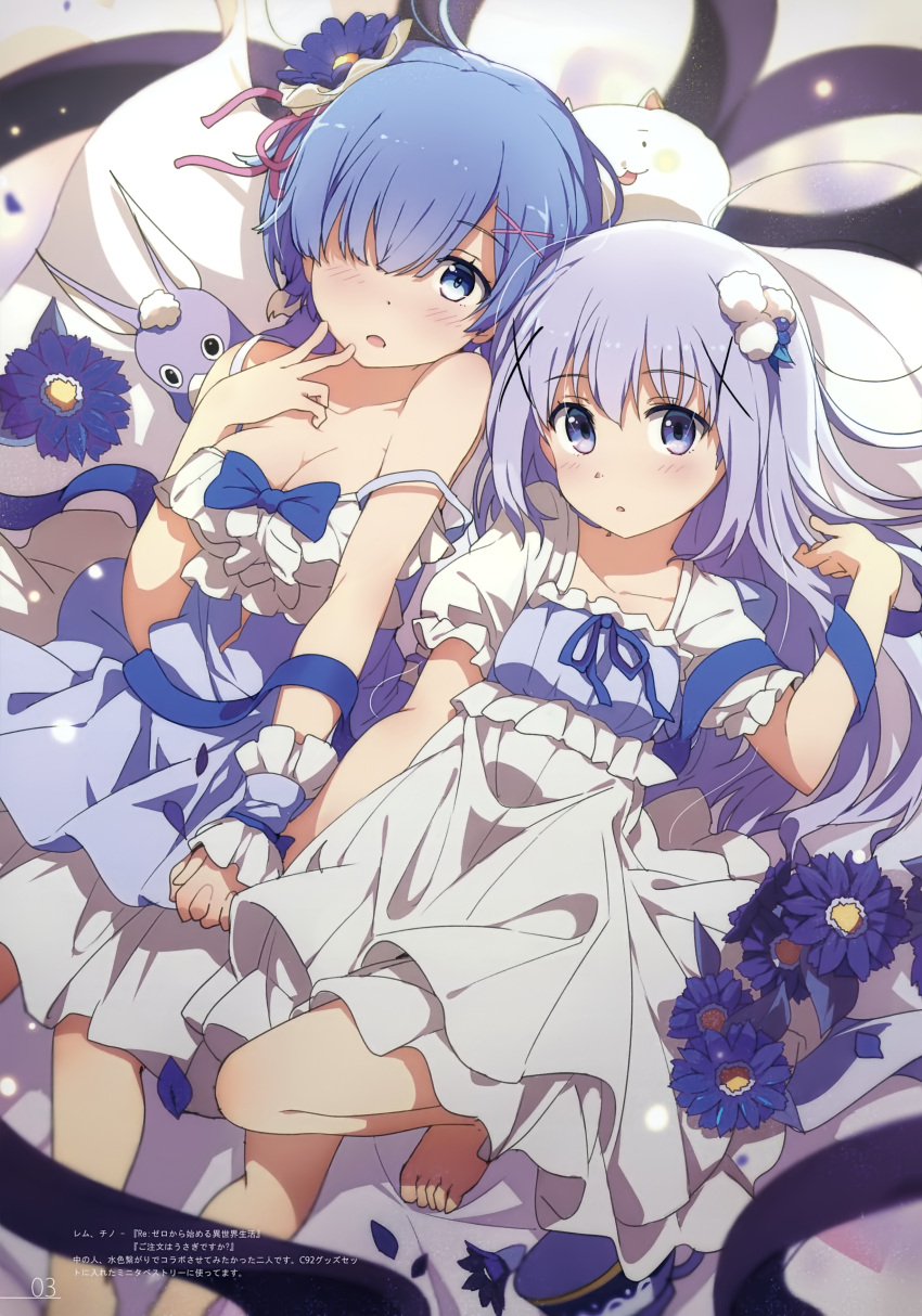 2girls, absurdres, barefoot, blue_eyes, blue_hair, breasts, cleavage, dress