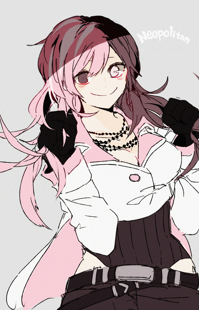 belt, black_gloves, breasts, brown_eyes, brown_hair, capelet, character_name, cleavage